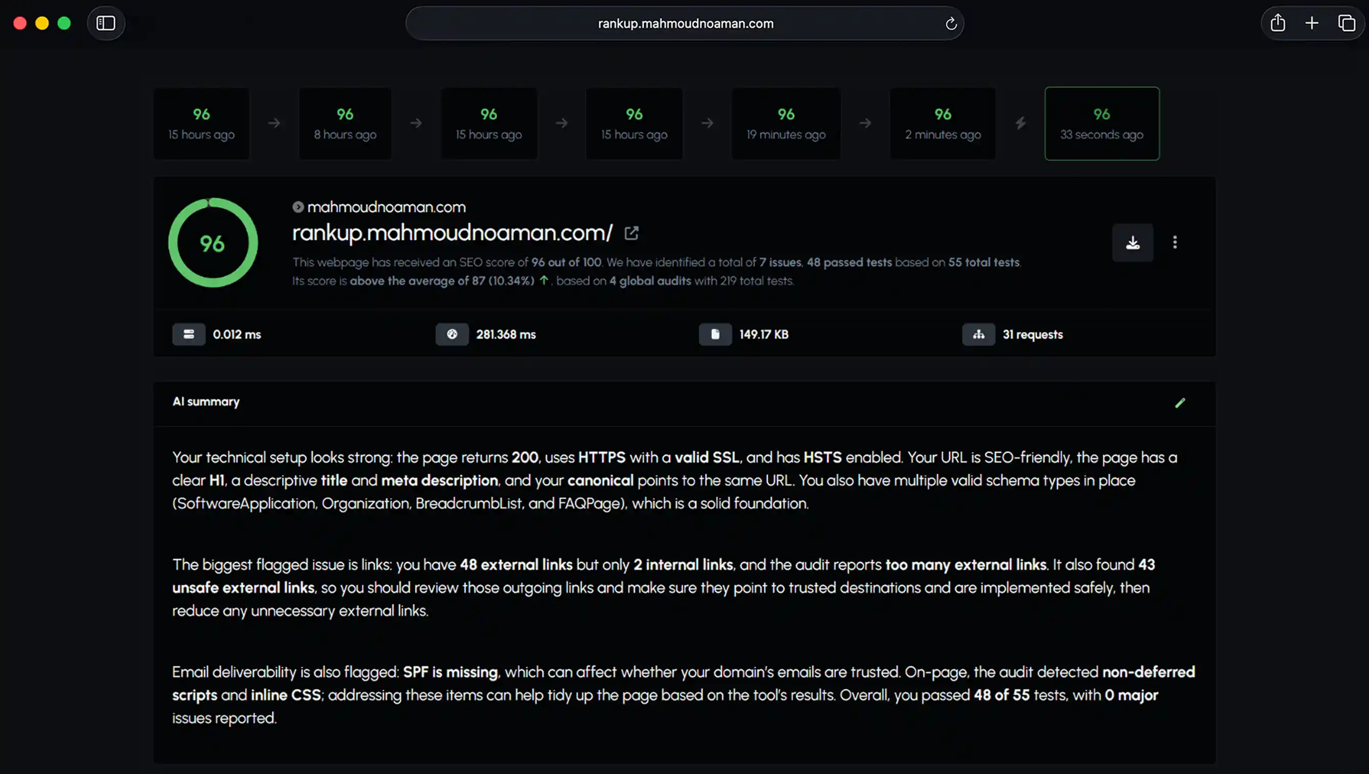 Screenshot of the app dashboard