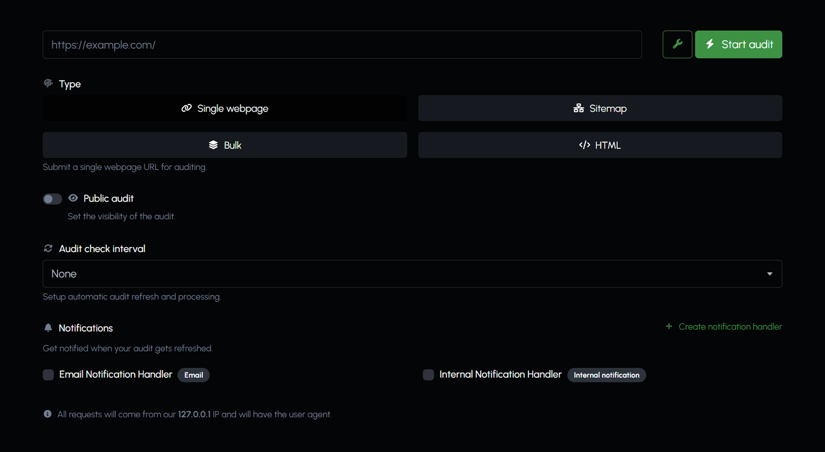 Screenshot of the app audit generator form